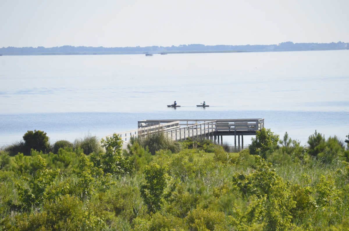 Waterside villages grandy currituck sound kayakers near pier by SAGA