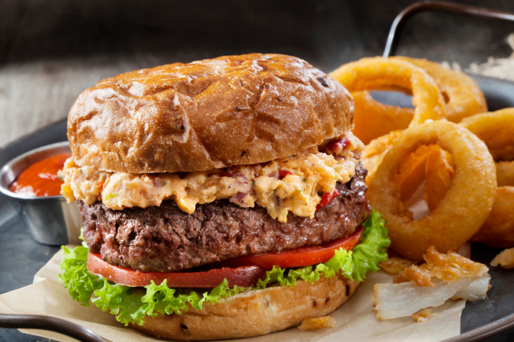 Pimento cheese burger with onion rings